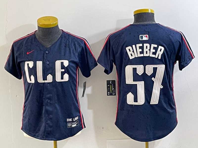 Womens Cleveland Guardians #57 Shane Bieber Navy 2024 City Connect Limited Stitched Jersey